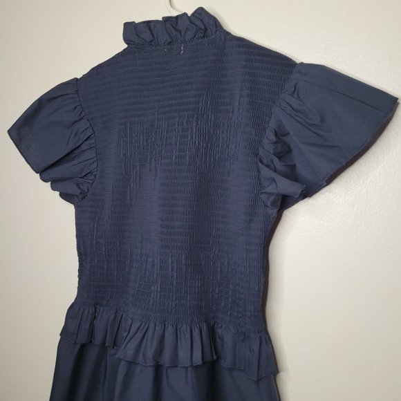 Sunday Up Dress Navy Blue Size Large Smocked Bodice Mock Neck Ruffle Sleeves - Picture 5 of 11